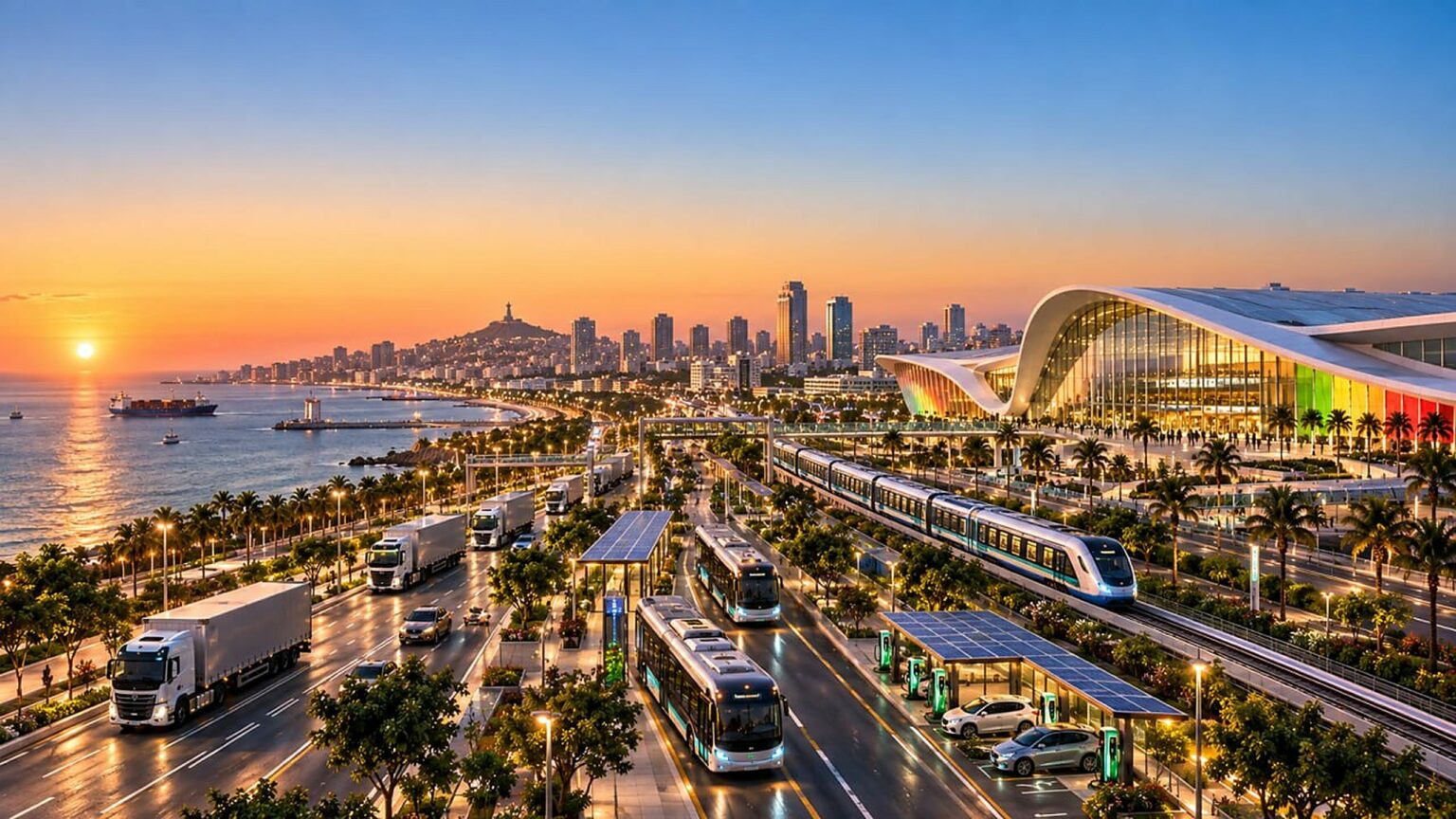 Vue aerienne au coucher du soleil de Dakar avec le Monument de la Renaissance Africaine en arriere-plan, illustrant bus electriques BRT, tramway, camions logistiques, bornes de recharge et navire cargo
